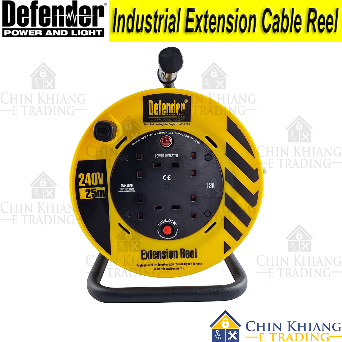 Defender 25M 4-Way Industrial Extension Wire Cable Reel 240V 13A E86477 ...