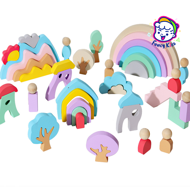 44Pcs Wood Rainbow Stacking Toy/Kids Wooden Building Block Set/Open ...