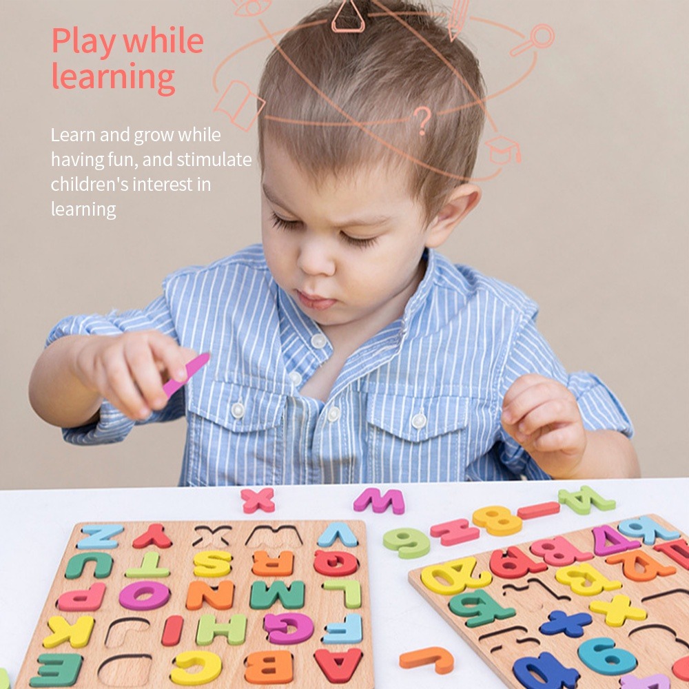 Wooden Jigsaw Board Toys Kids Early Educational 3D Alphabet Number ...