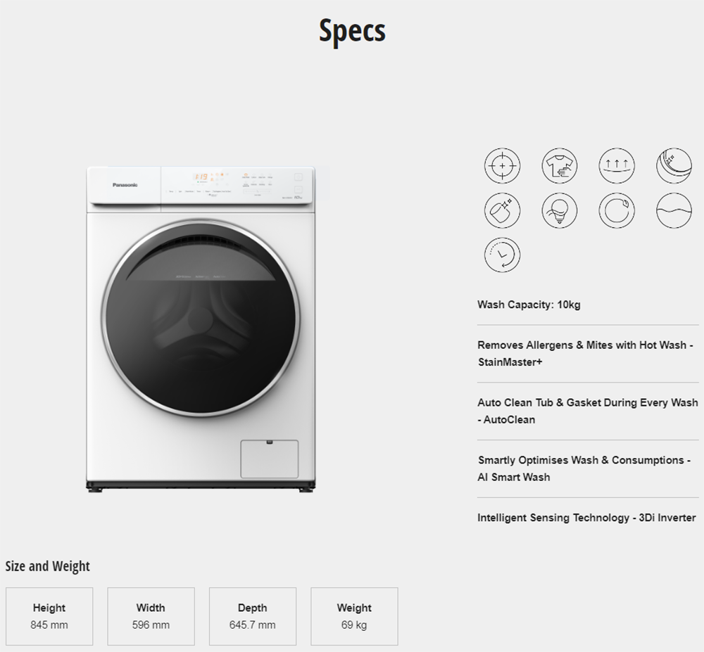 Panasonic NAV10FA1WMY 10kg Cleaner & Smart Wash Front Load Washing