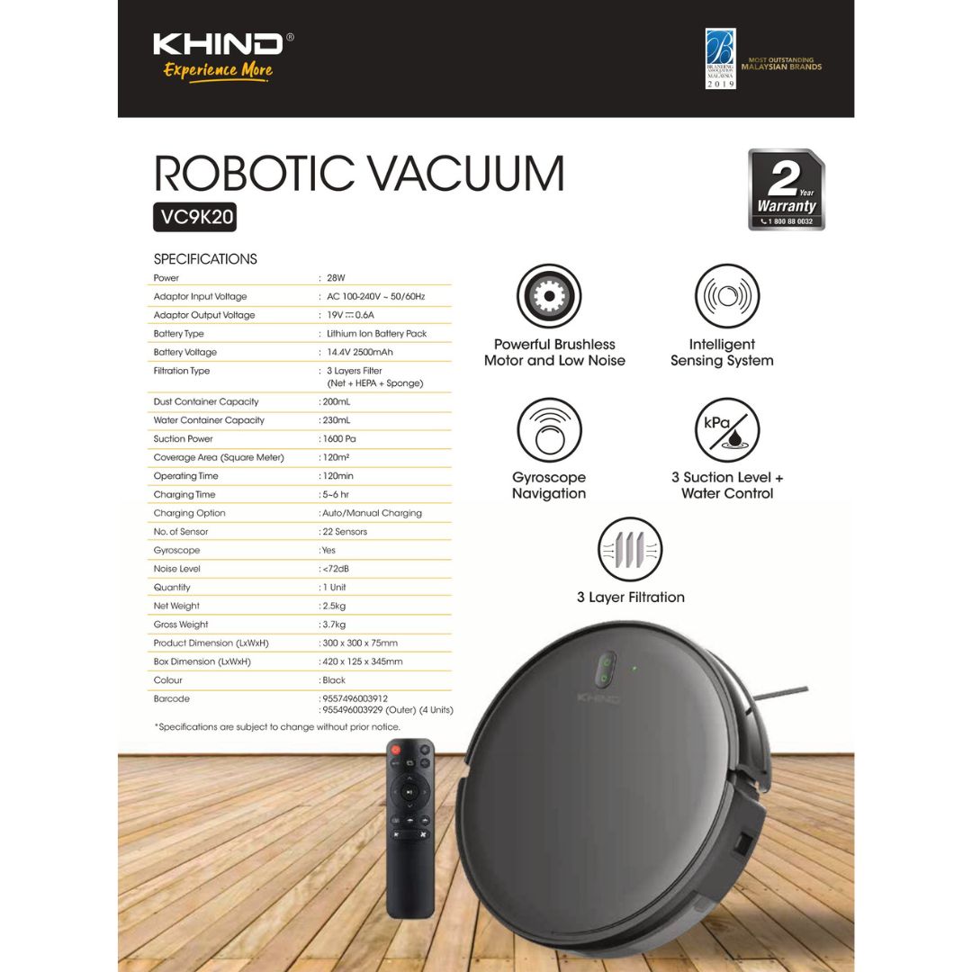 Khind Robotic Vacuum with Intelligent Sensing System VC9K20 | Shopee ...