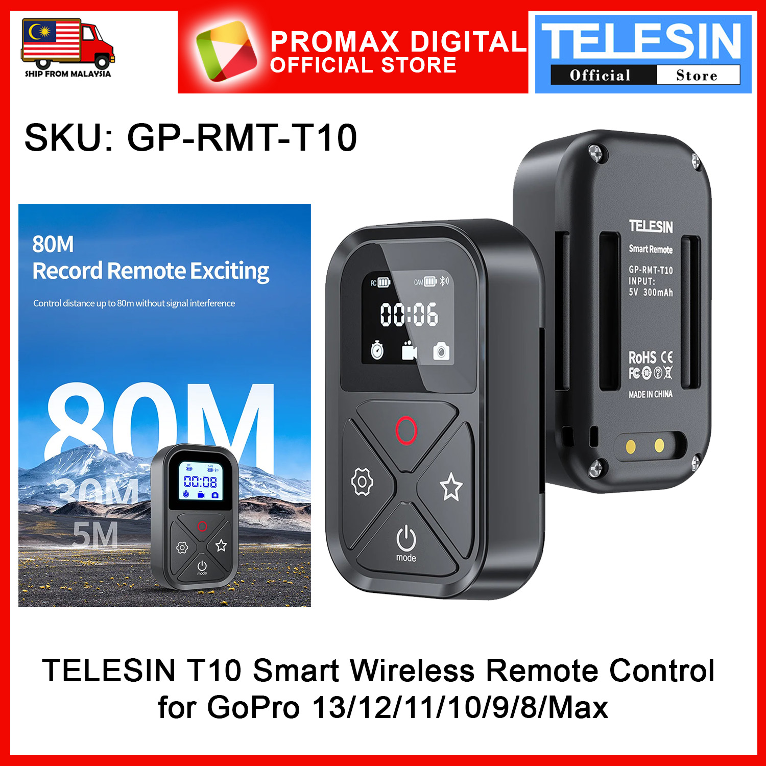 TELESIN GP-RMT-T10 T10 Smart Wireless Remote Control for GoPro 13/12/11 ...