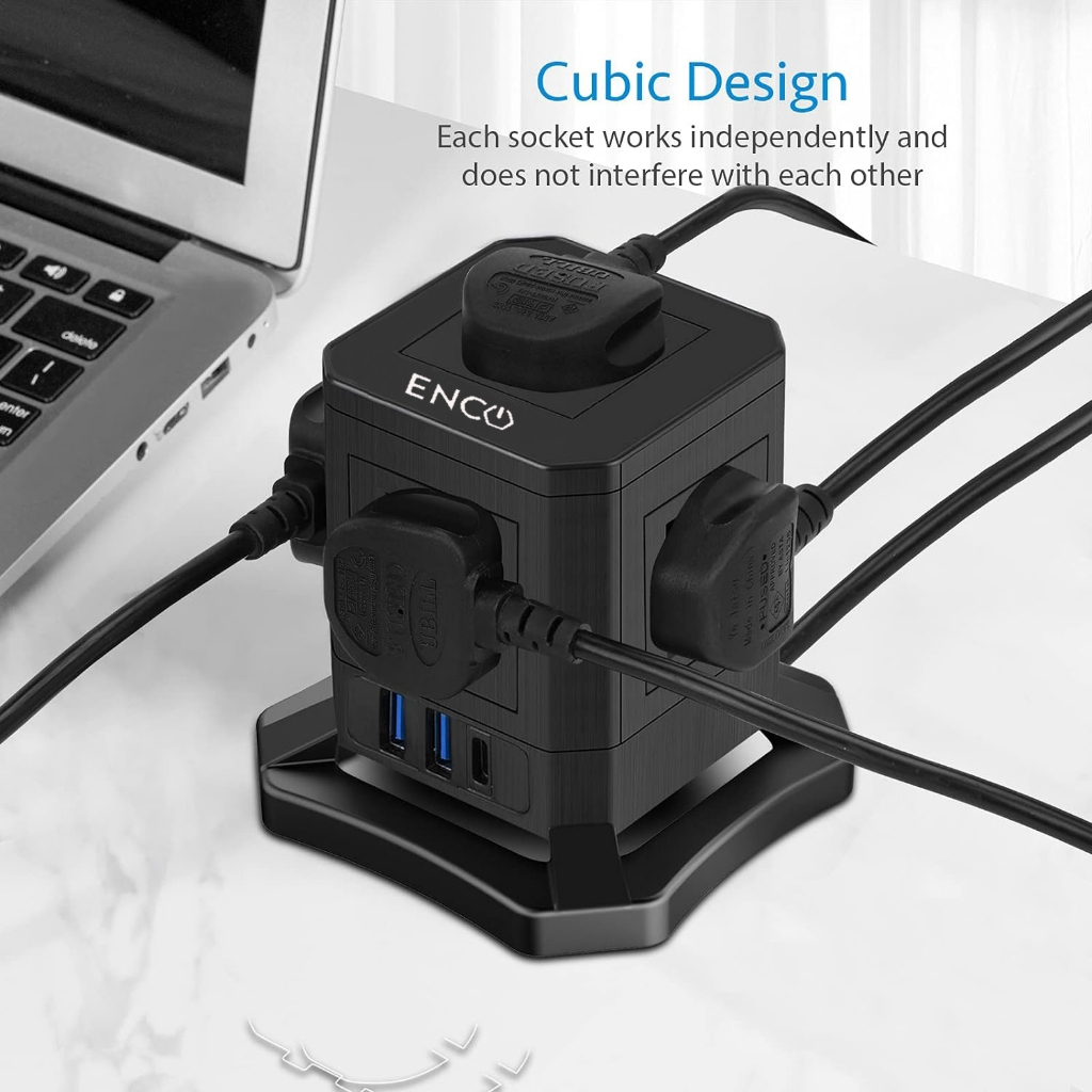 Enco (3U5K) Vertical Tower Cube Extension Socket 5 Way Slot Multi Plug ...