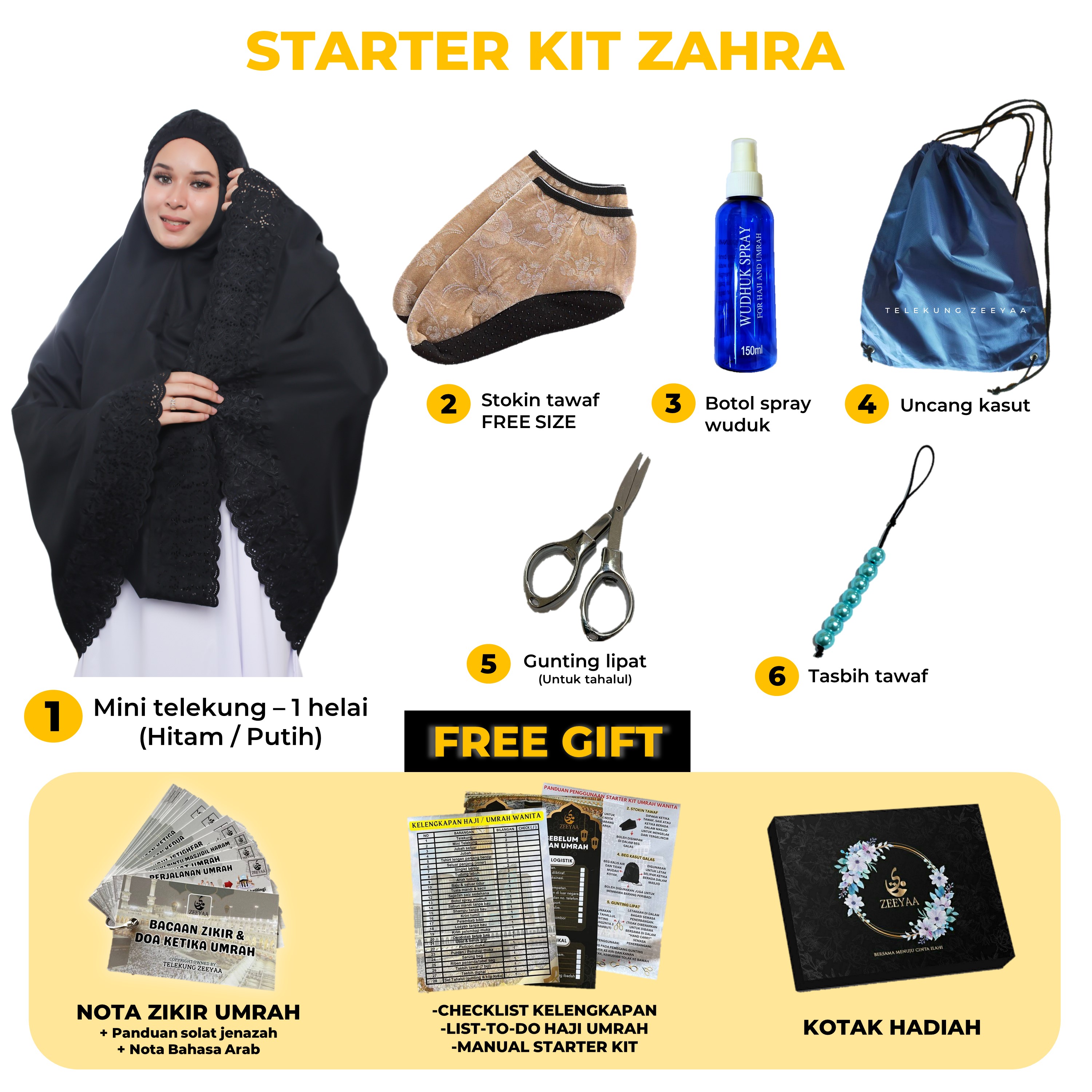 PLUS SIZE - Starter Kit Mini Telekung Umrah Berpoket Set Umrah Wanita ...