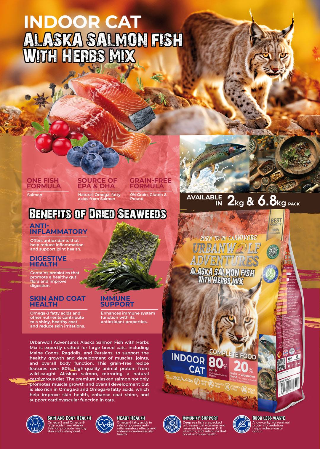 UrbanWolf Alaska Salmon Fish with Herbs Mix Grain Free (Cat Food) 2KG ...