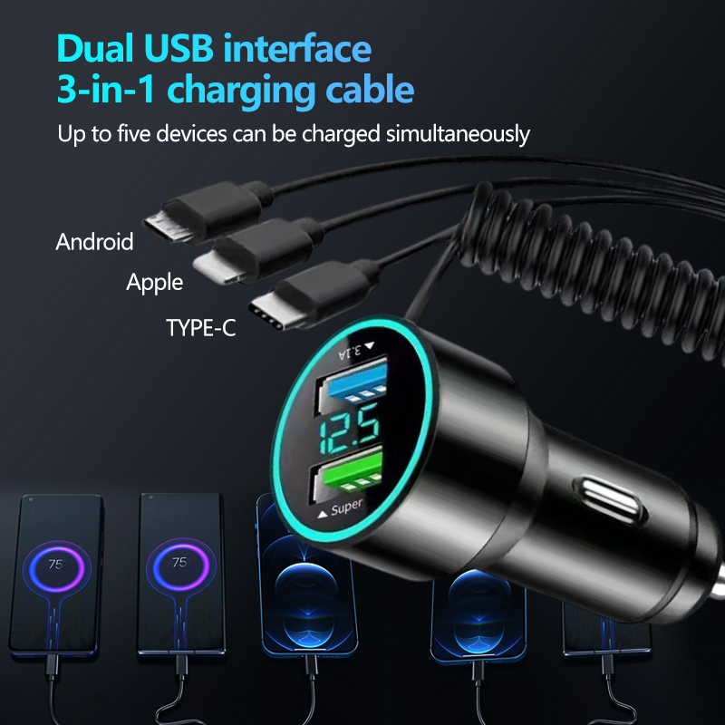 66W Car Charger Fast Charging Adapter Dual USB with 3IN1 Stretchable ...