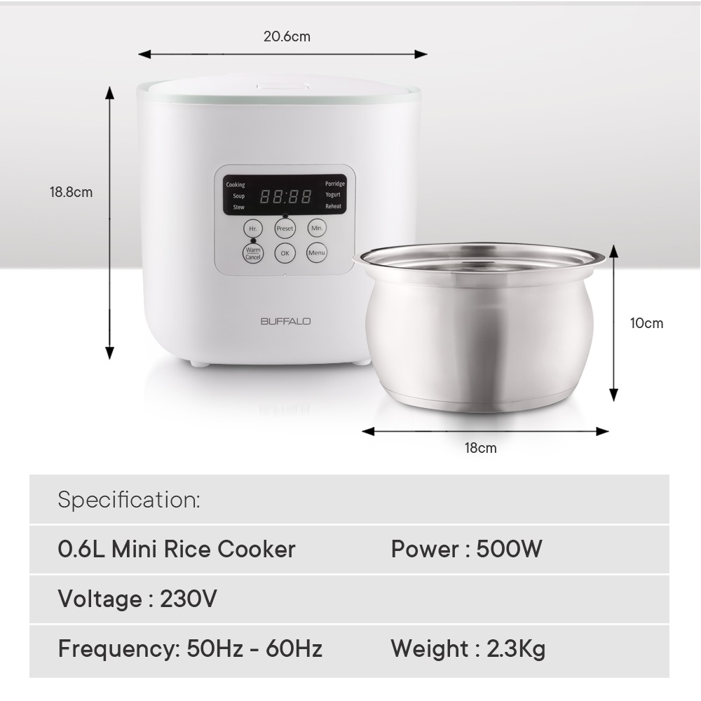 BUFFALO Mini Rice Cooker 0.6L with Stainless Steel Inner Pot | 1 Year ...
