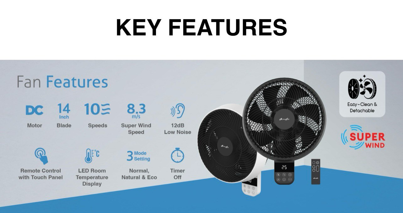 ALPHA MOTTO B32 Wall Fan 14 inches Blades 10 Speeds with Remote Control ...