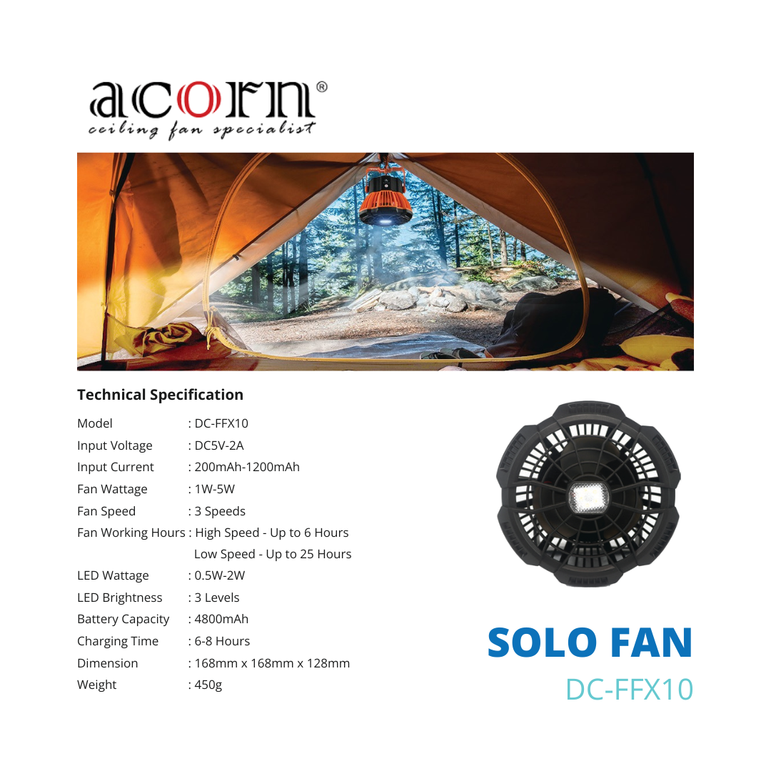 Acorn Solo Fan DC-FFX10 | Portable Fan | LED | Rechargeable | USB/Type ...