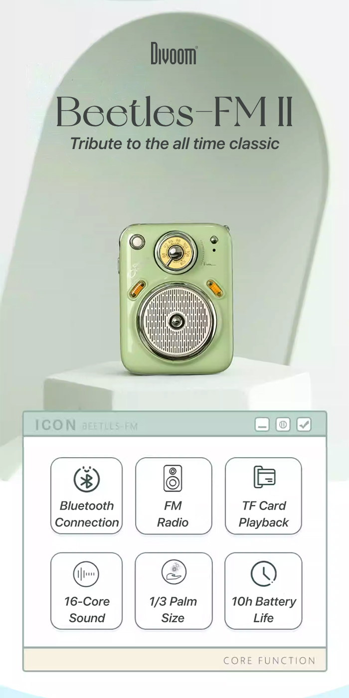 Divoom Beetles-FM II Pink Vintage Style Design Ultra Compact Portable ...