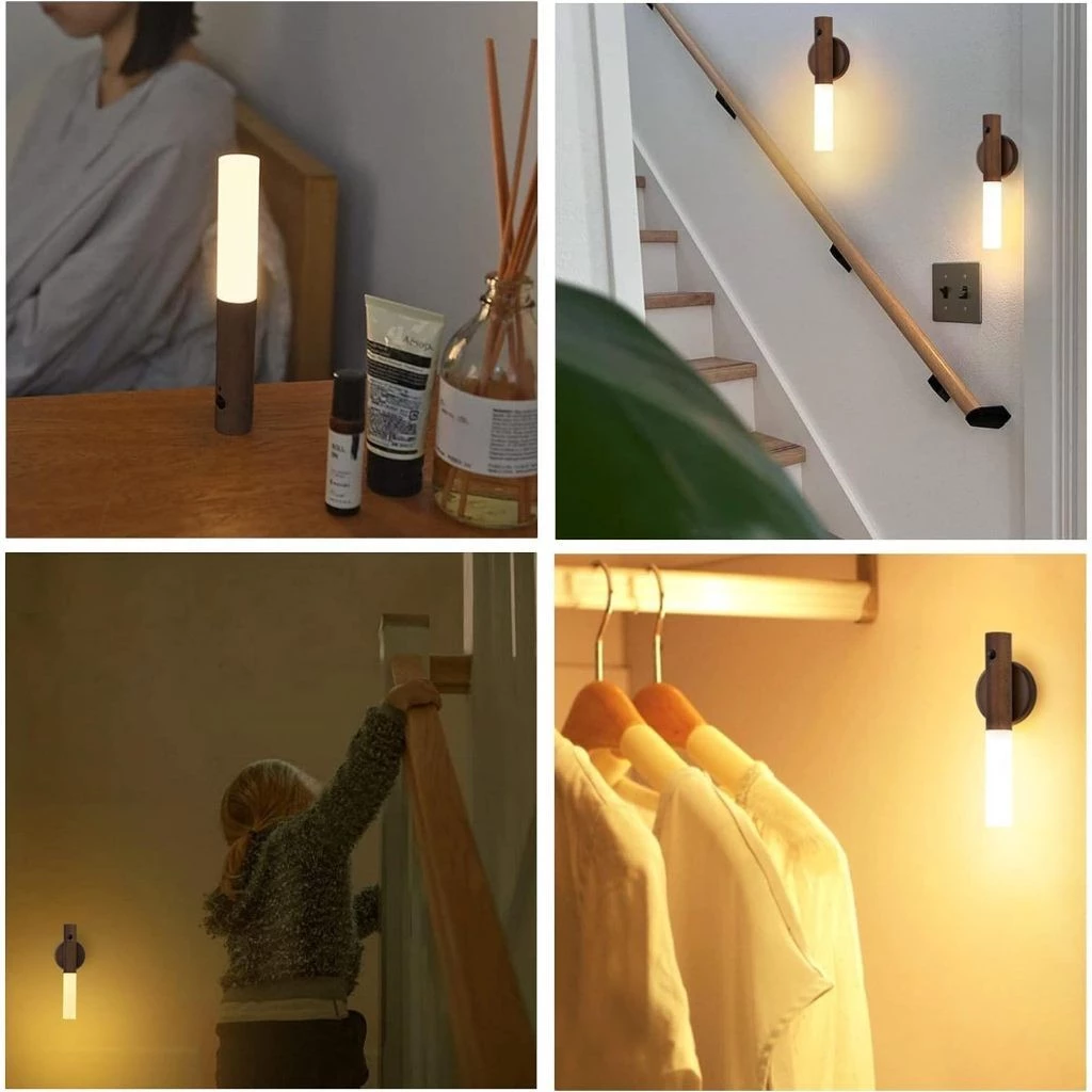 2PCS Solid Wooden Indoor Rechargeable Motion Sensor Night Light Magnet ...