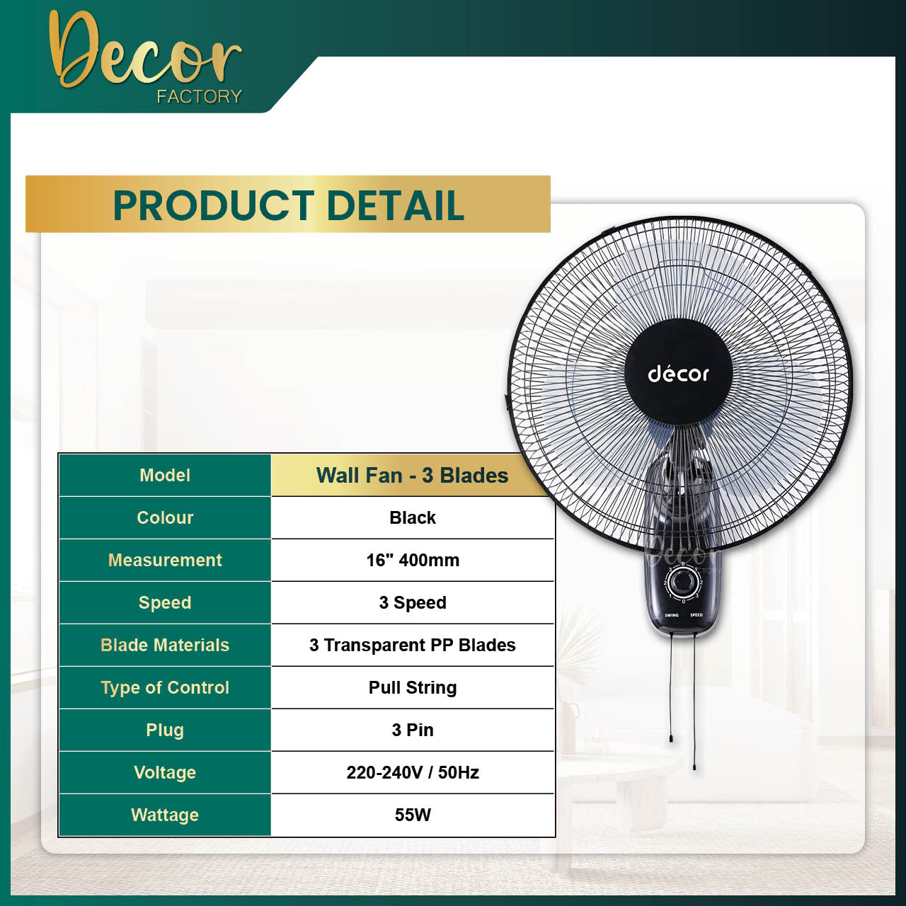 [2 YEARS WARRANTY] Wall Fan 16'' 3 Blades 5 Blades W55R 3 Speed ...