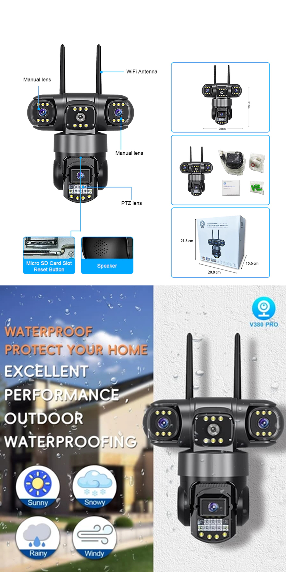 V380 CCTV Camera Outdoor 12MP Three Lens HD Monitoring 4G SIM Wireless ...