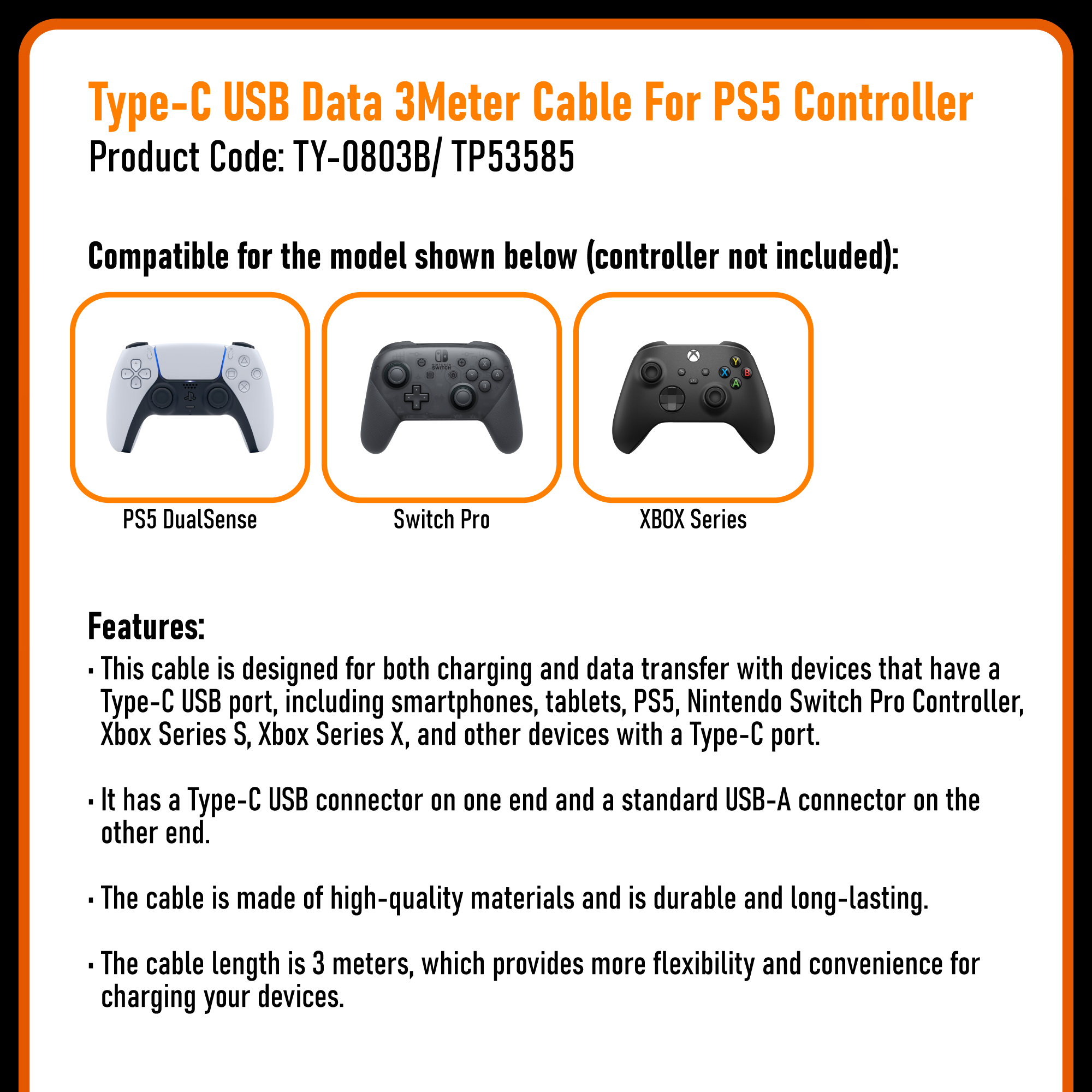 DOBE PS5 Xbox Series Switch Pro Controller Data Cable Charging Type C ...