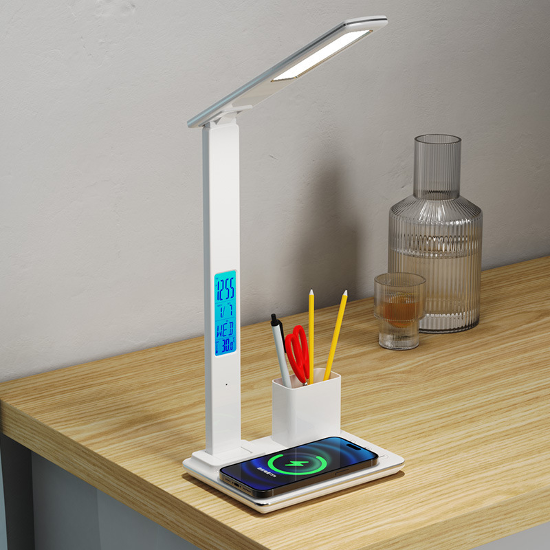 USB LED Desk Lamp With Wireless Charging Calendar Temperature Alarm ...