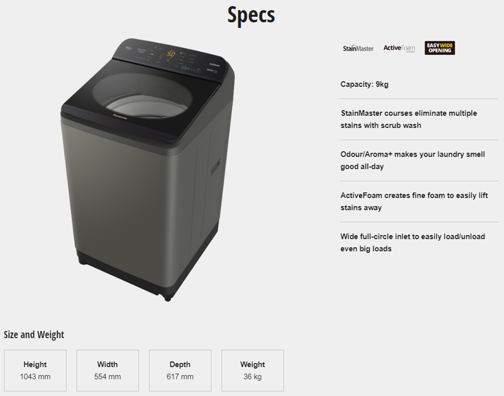 Panasonic NAF90A9DRT 9kg Care+ Stain Expert Top Load Washing Machine