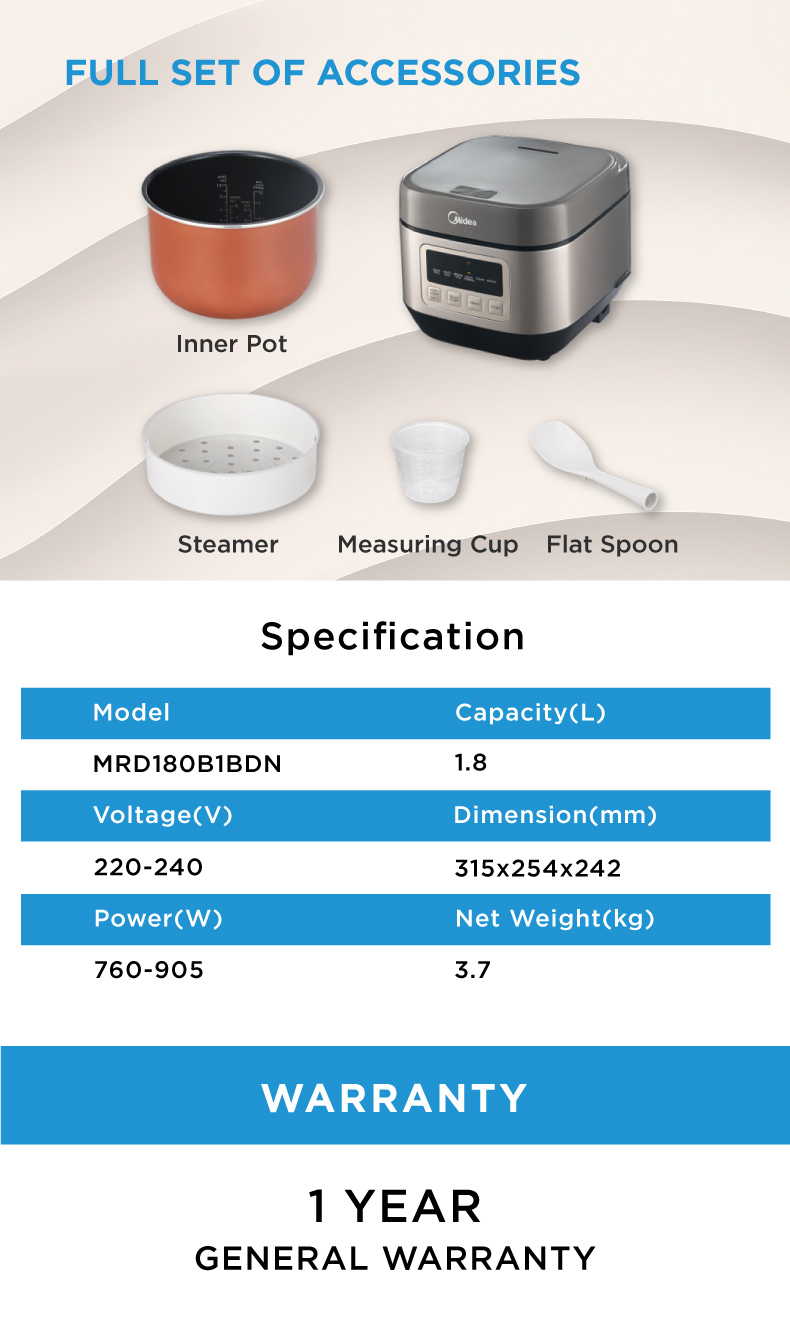 Midea MRD180B1BDN 1.8L Digital Rice Cooker With 7 Preset Menus & AI ...