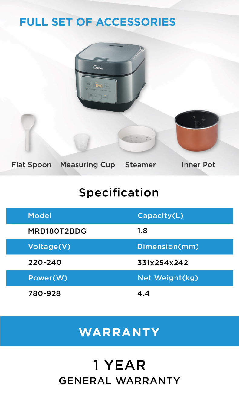 Midea MRD180T2BDG 1.8L Digital Rice Cooker With 7 Preset Menus & T3.1mm ...