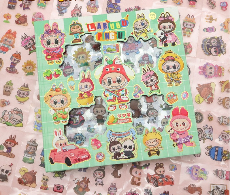 YY.100pcs Labubu Stickers with Gift box /PVC Sticker/Transparent ...