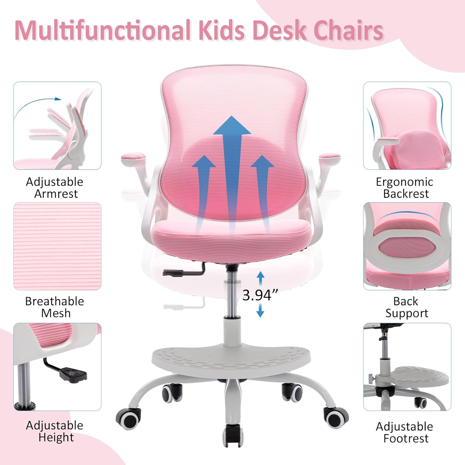 Kids’ Desk Chair With Wheels & Armrests – Height Adjustable Ergonomic Study Chair For Ages 3-18