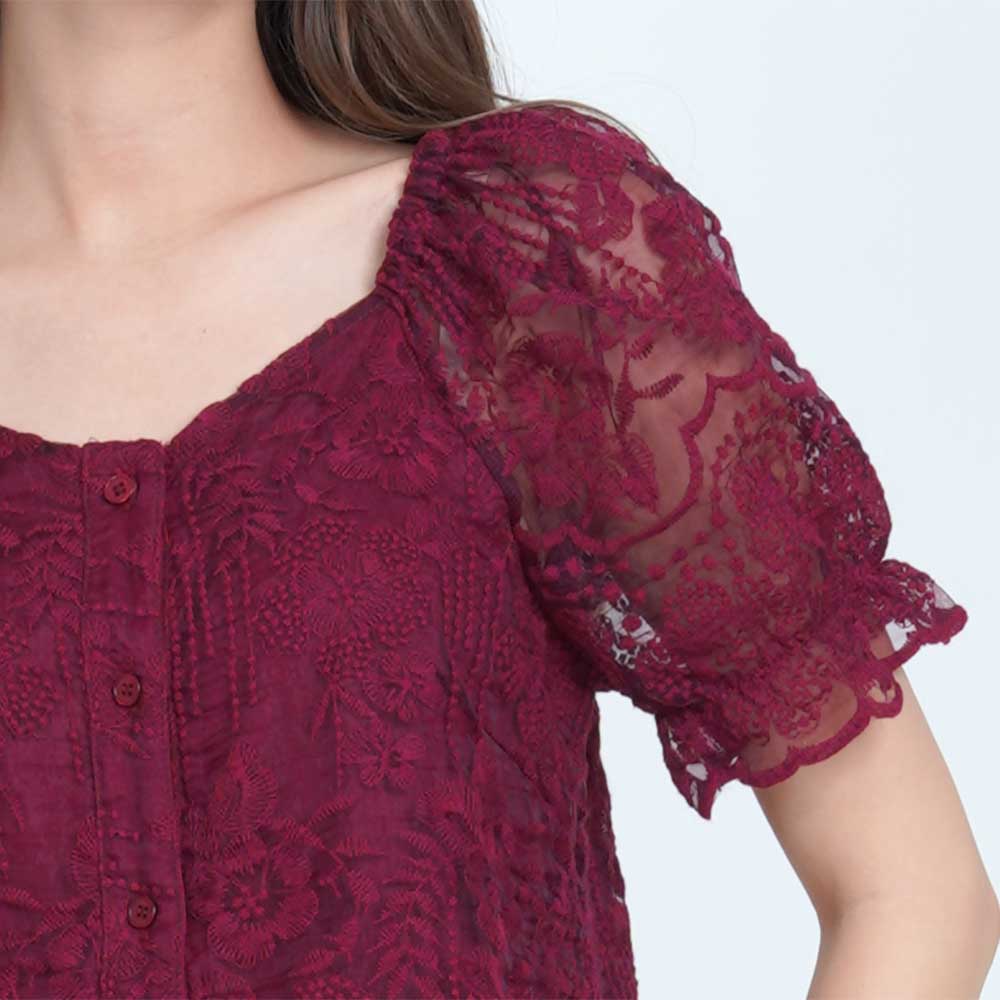 NE Double S V Neckline,Short Puff Sleeve Front Button Down Lace Fabric ...