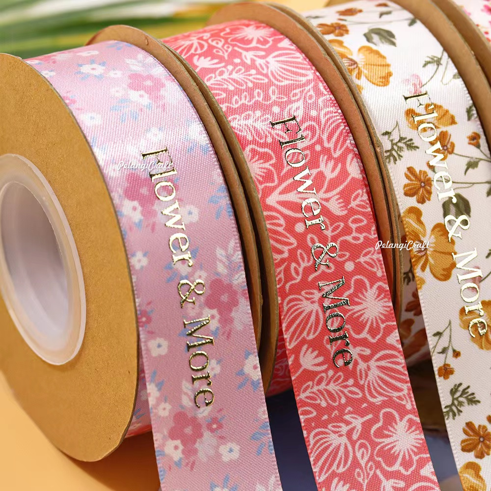 (22M) 2.5CM FLOWER Ribbon Reben Riben Gift Satin Organza Flower Bouquet ...