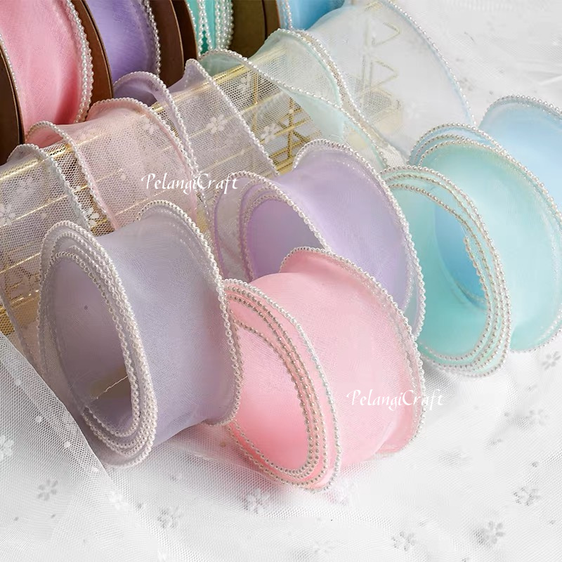 (4.5M) 4CM PEARL RIBBON Reben Riben Gift Satin fish tail Organza Flower ...