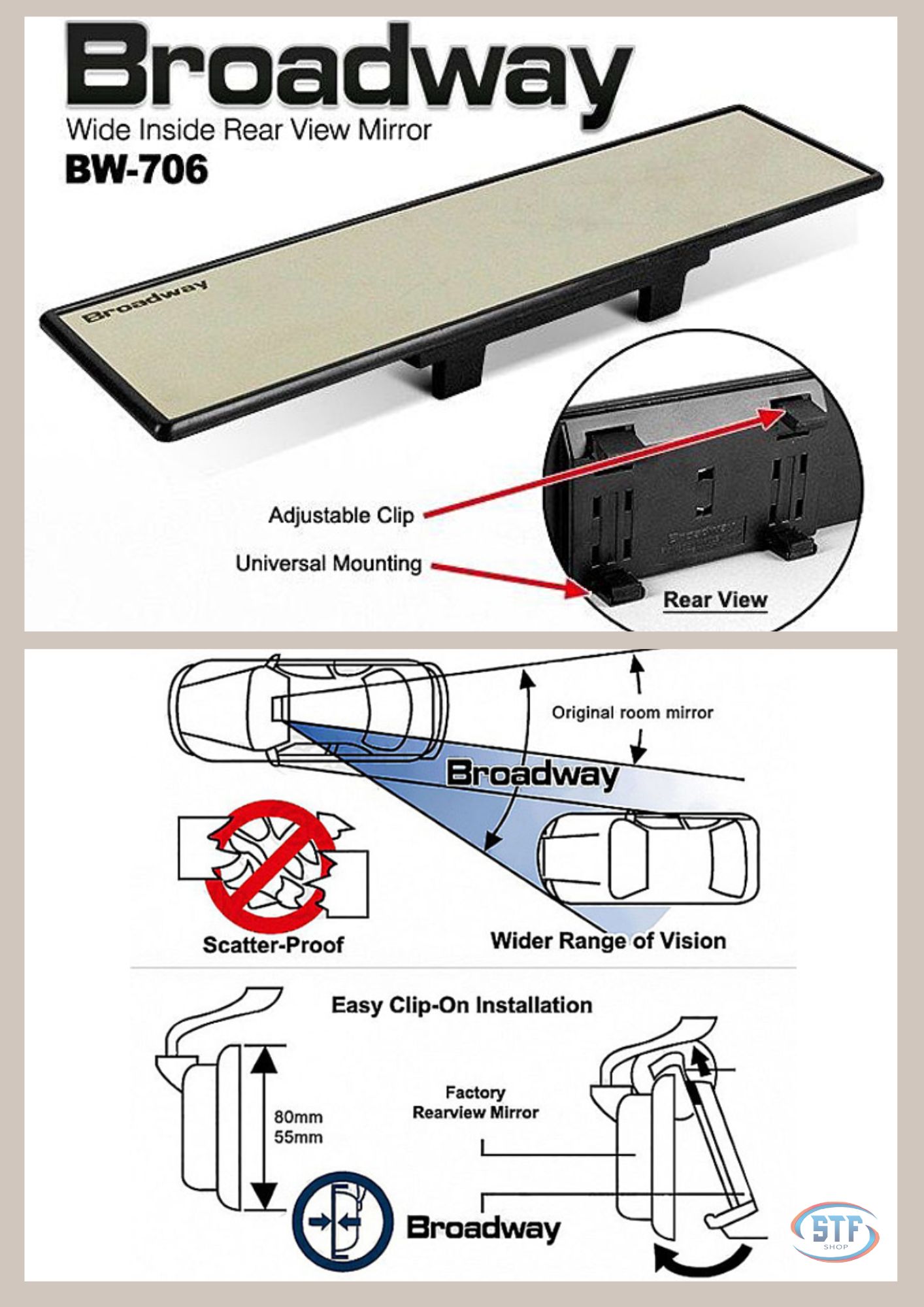 NAPOLEX BROADWAY Blue White Smoke Convex Flat 270mm 300mm Wide Car Rear ...