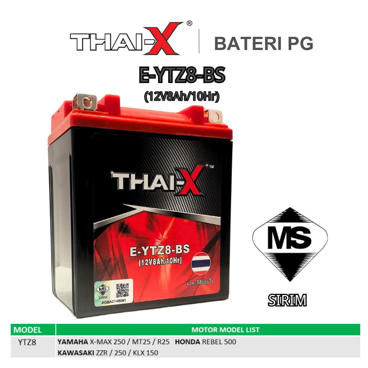 THAI-X YTZ8 Motorcycle Battery XMAX250 MT25 R25 REBEL500 ZZR250 KLX150 ...