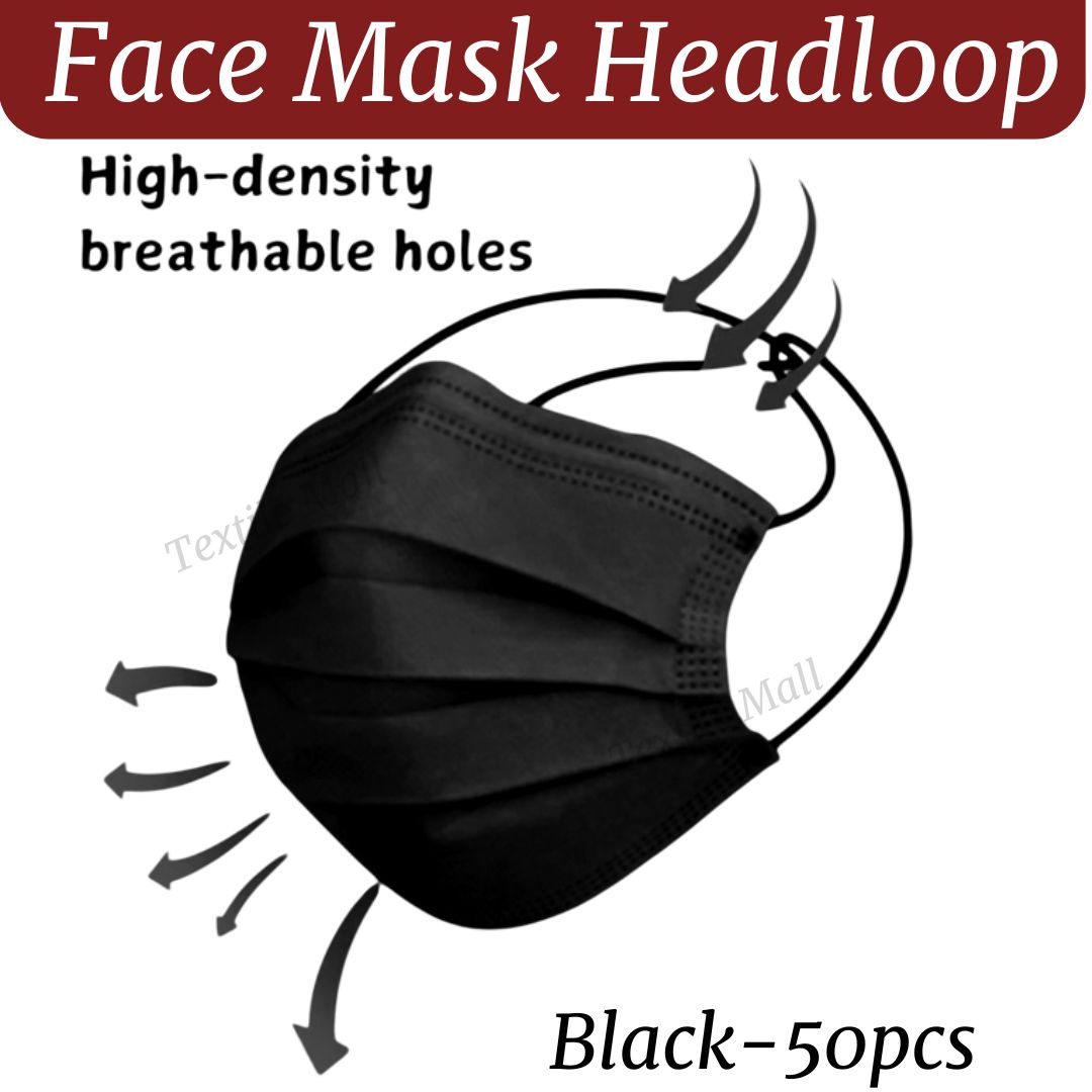 Headloop 50pcs Full Black Mask 3ply Face Mask Hijab Mask HeadLoop Mask ...
