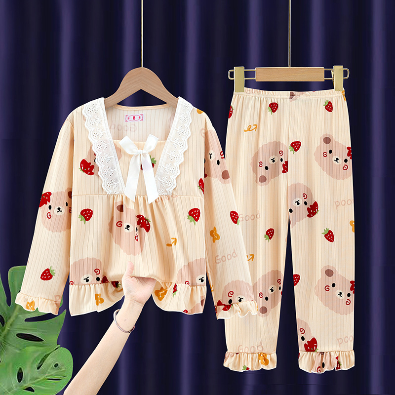 (3-14yrs) Kids Girl Pajamas Long Sleeve Cotton Ribbon Lace Pyjamas Baju ...