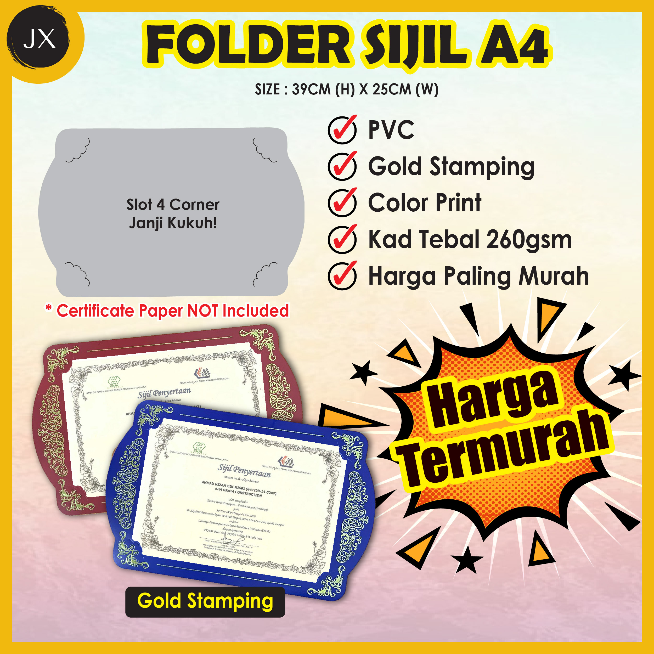 (HARGA KILANG) Folder Sijil A4 260GSM (Menegak & Melintang) Certificate ...