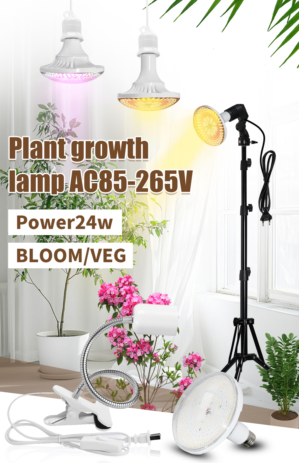24W LED Grow Light Bulb E27 4000K Full Spectrum Sunlight For Indoor ...