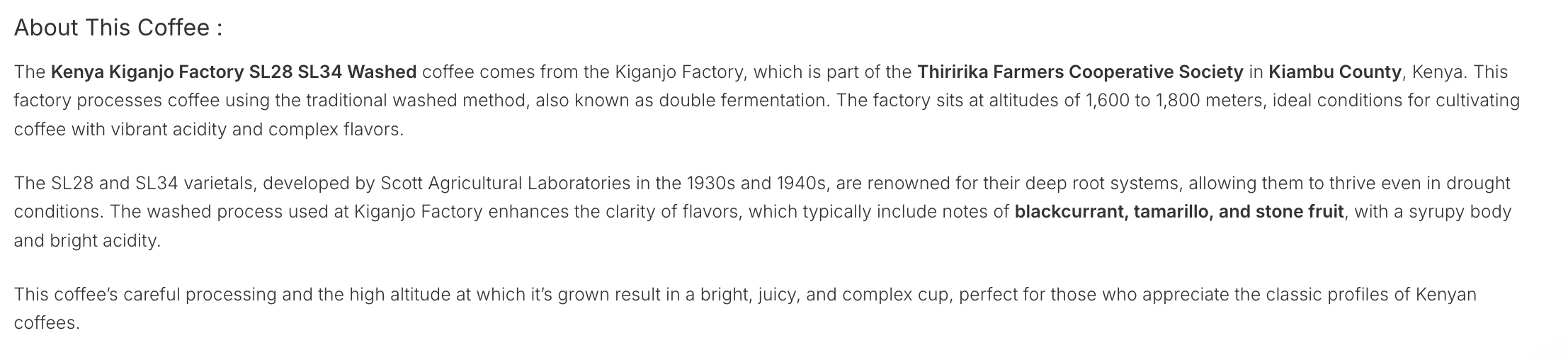 JWC Roastery Kenya Kiganjo Factory SL28 SL34 Washed (Coffee Bean