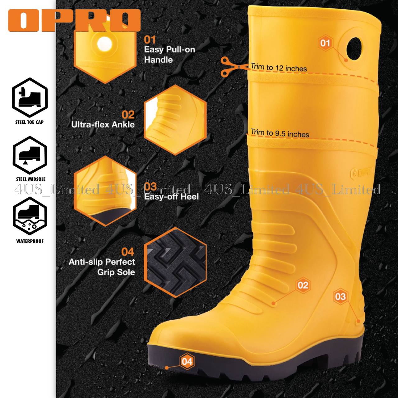 OPRO-100 SAFETY SHOES WELLINGTON BOOT YELLOW RUBBER BOOT STEEL TOE CAP ...