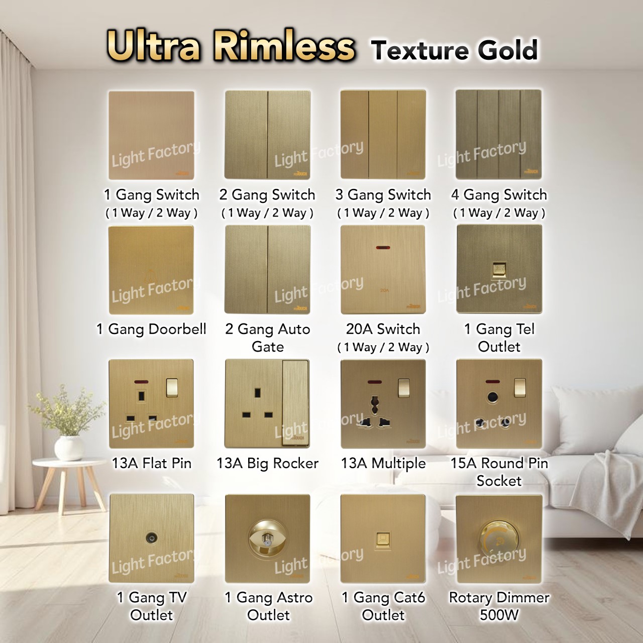[GOLD] reTouch Ultra Rimless Wall Switch 13A 15A 20A Socket Multiple ...