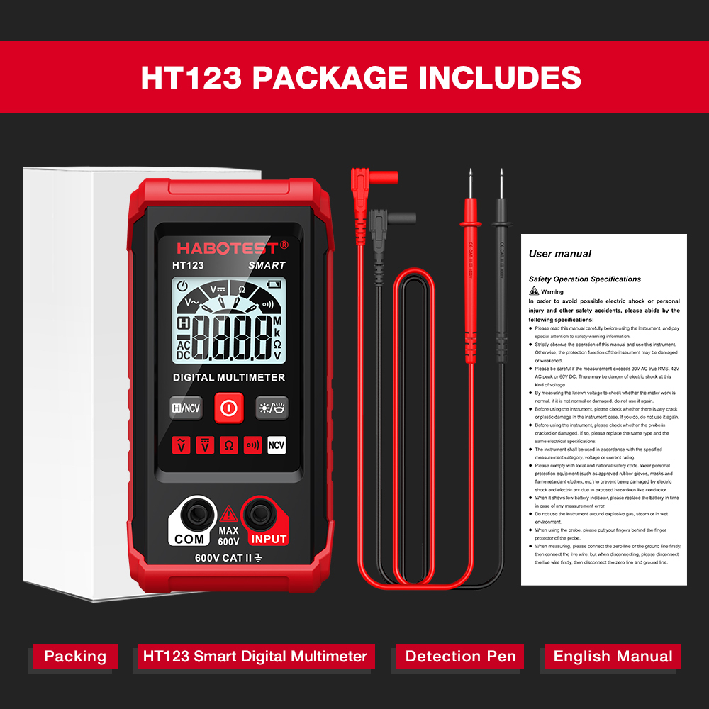 thumbnail image 2 of HABOTEST HT123 Digital Multimeter – Smart Voltmeter Ohmmeter, AC/DC, True RMS, 600V 2 of 5
