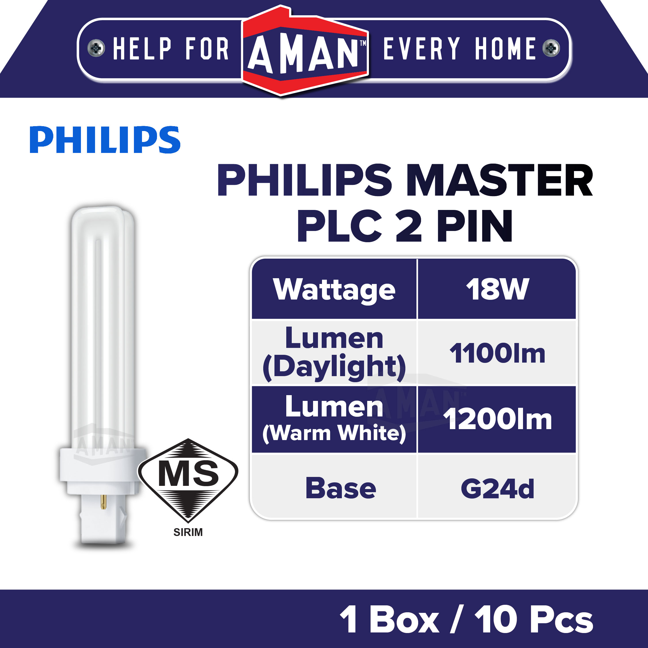 PHILIPS Master PLC 2 Pin Energy Saving Light Tube 18W 2700K 6500K Warm ...