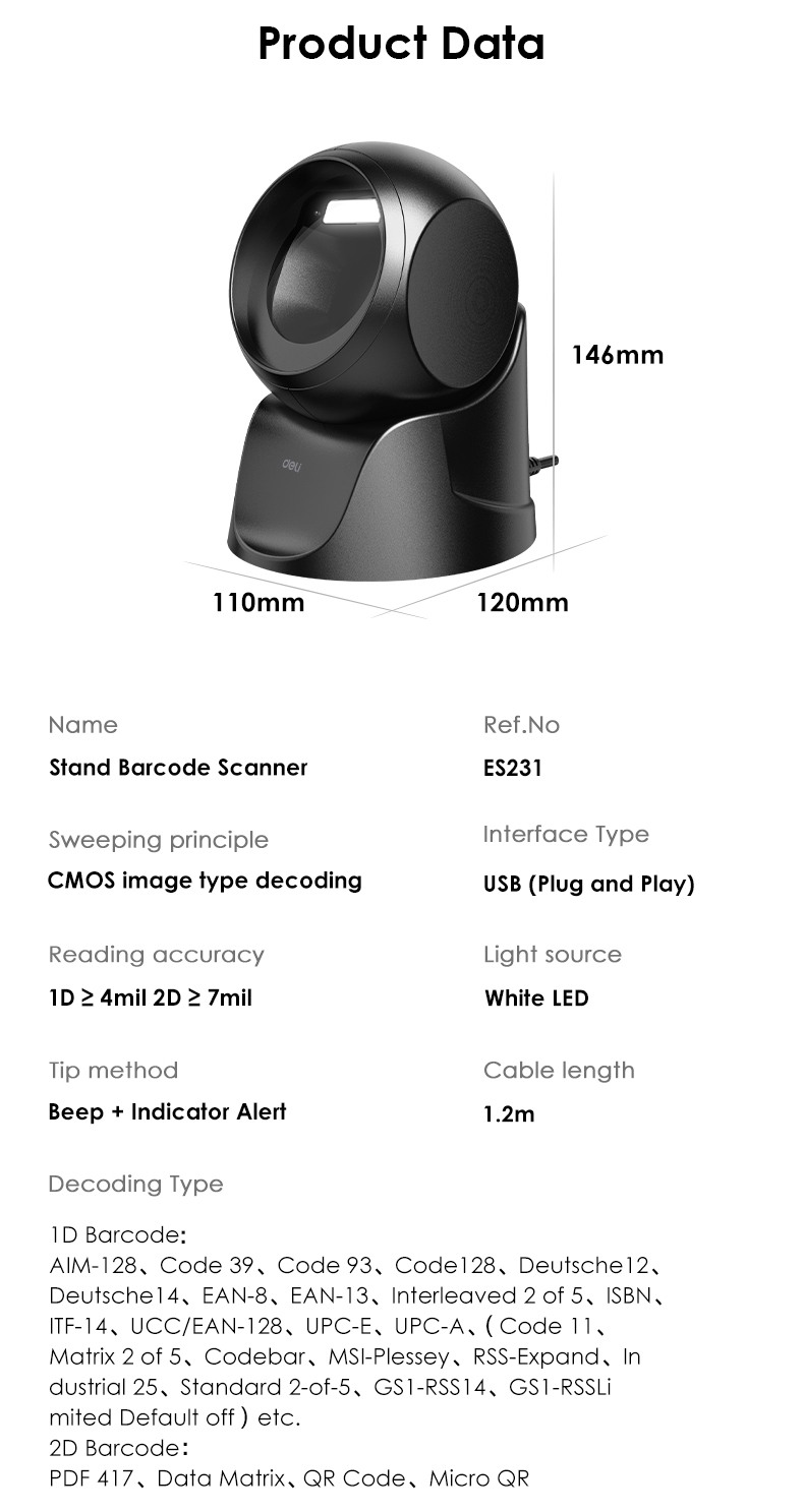 Deli Desktop Barcode QR Scanner 1D 2D QR Code Scanner Smartphone QR ...