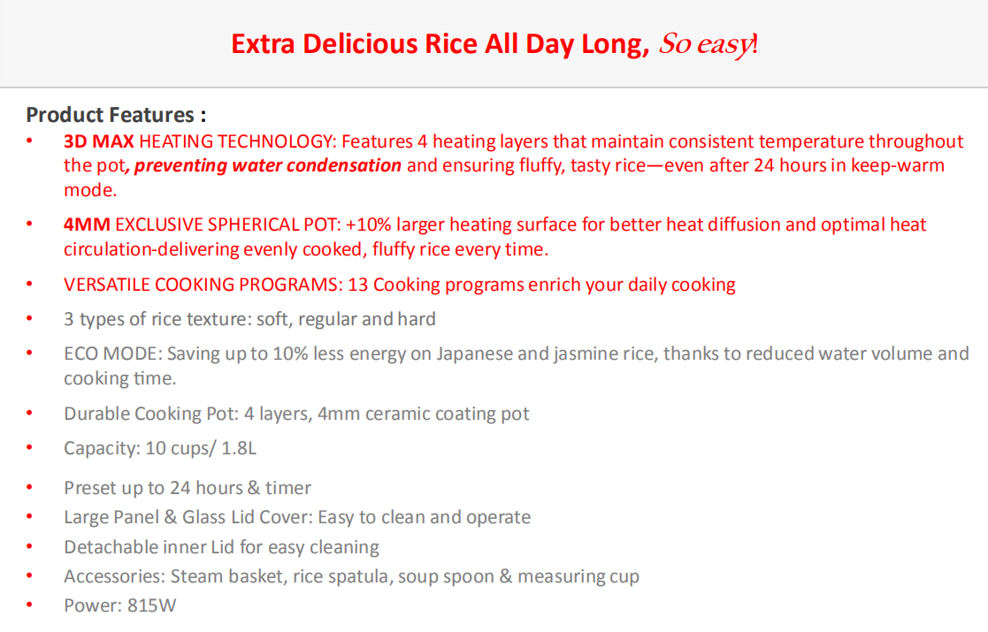 Tefal 1.8L RK7778 Fuzzy Logic 3D MAX Rice Cooker 10 cups, 13 programs ...