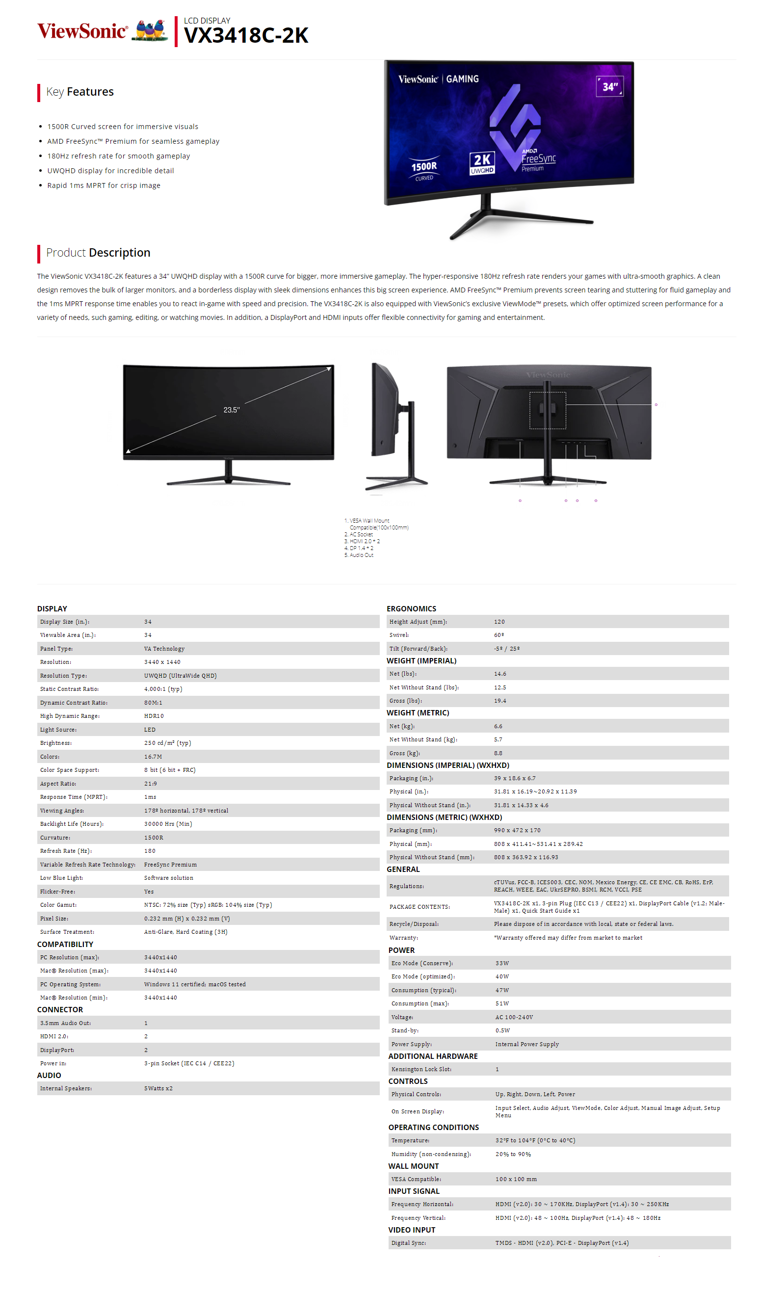 Viewsonic 32" VX3218C-2K QHD 165Hz / 34" VX3418C-2K UWQHD 180Hz Curved ...