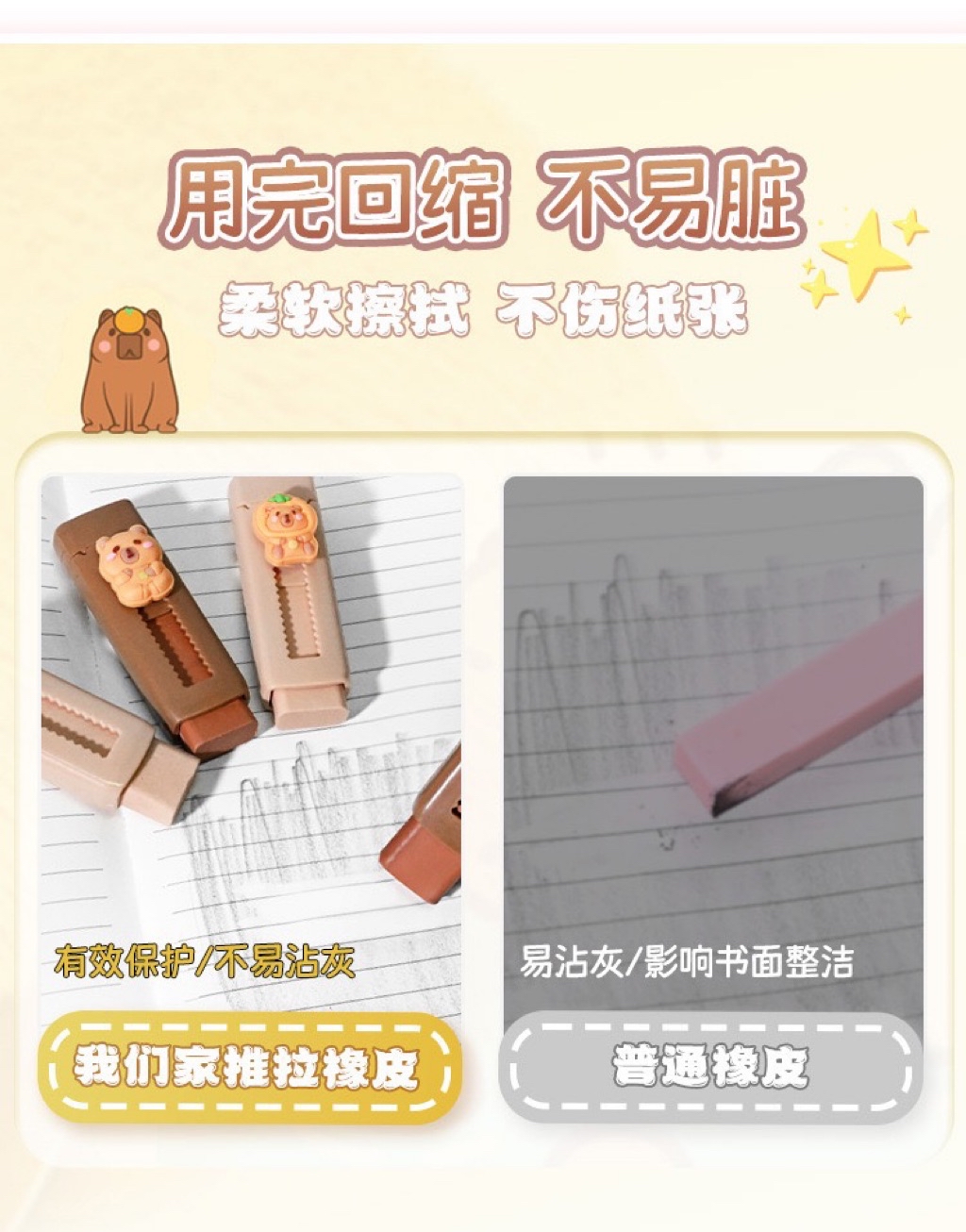 Capybara Push & Pull Eraser Stick Rubber Kids School Student Refillable ...
