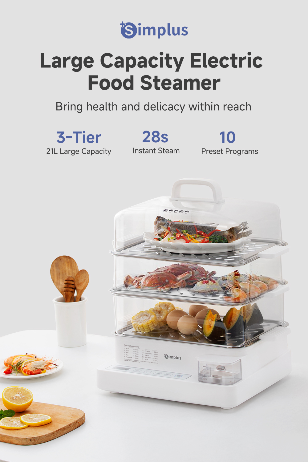 Simplus Electric Food Steamer | 3-Tier 21L Capacity | 1300W|24h ...