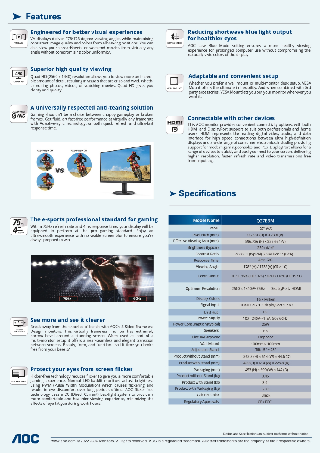AOC Q27B3M2 (100HZ) / Q27B3M (75Hz) 27" MONITOR ( 27" VA QHD / 4Ms ...