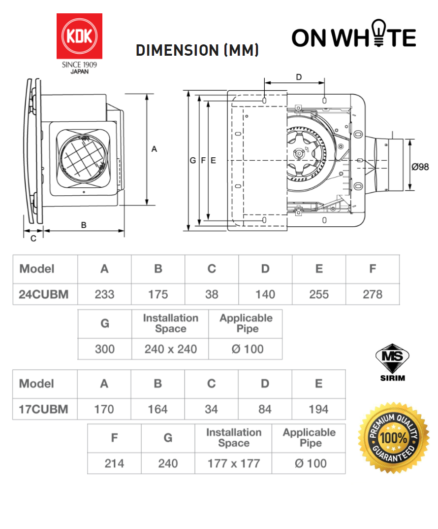 KDK 17CUBM / 24CUBM | Ceiling Mount Ventilating Fan Steel Type ...