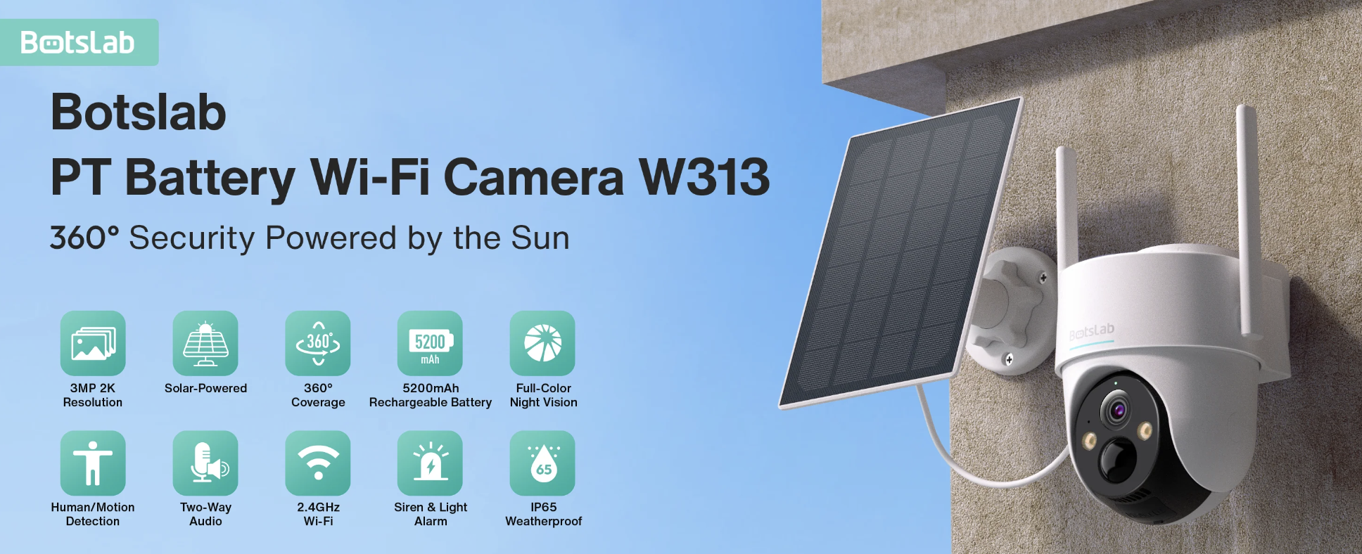 Botslab W313 Solar Camera Outdoor 3MP 2K Pan/Tilt Camera 360 Coverage ...