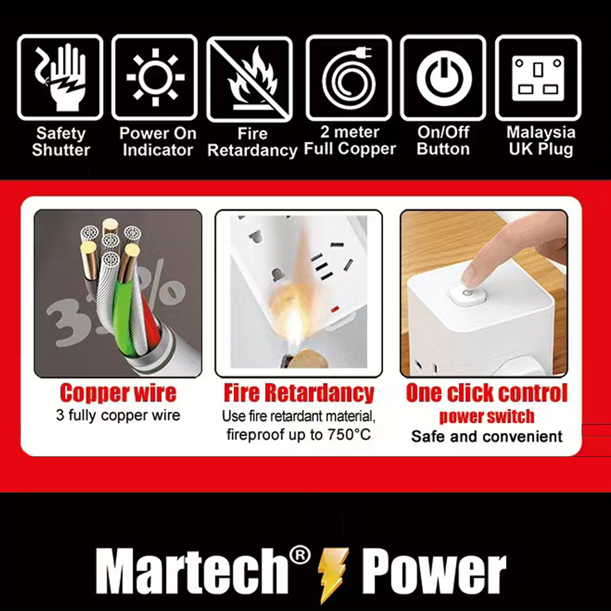 MARTECH Universal Power Strip Tower socket Extension with Widely Spaced ...