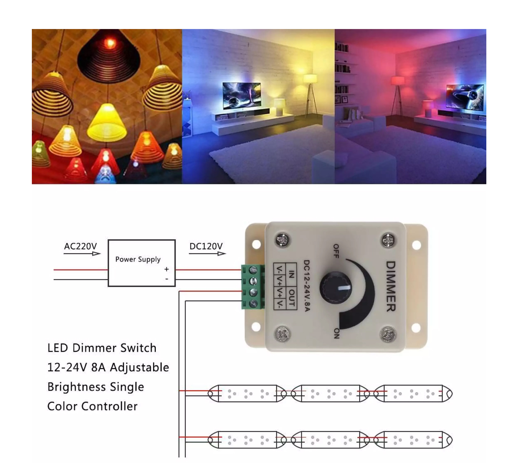 12V 24V LED Dimmer Switch 8A Voltage Regulator Adjustable Controller ...