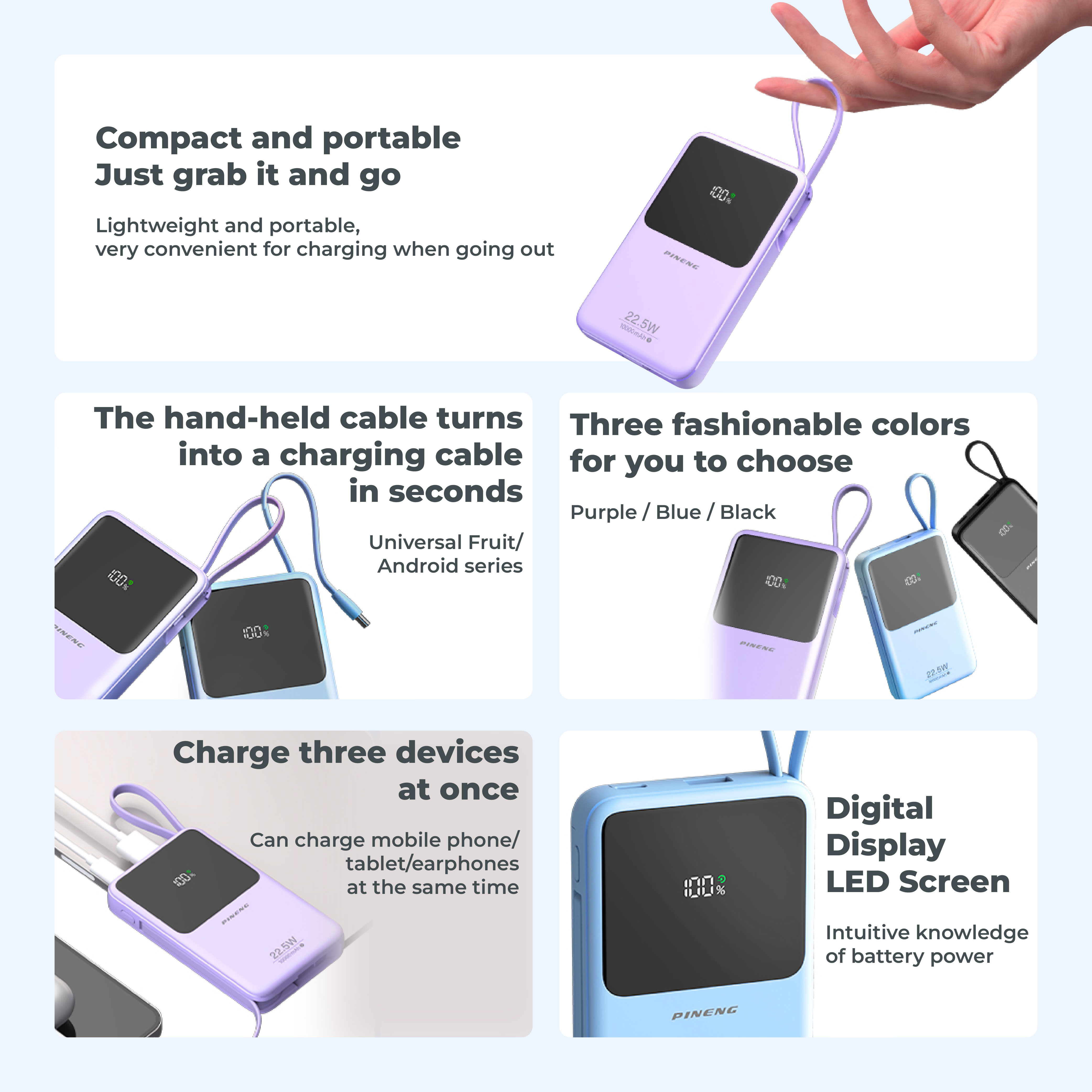 [3C Certified] Pineng PN-891PD 10000mAh 22.5W Fast Charge w/ Built-in ...