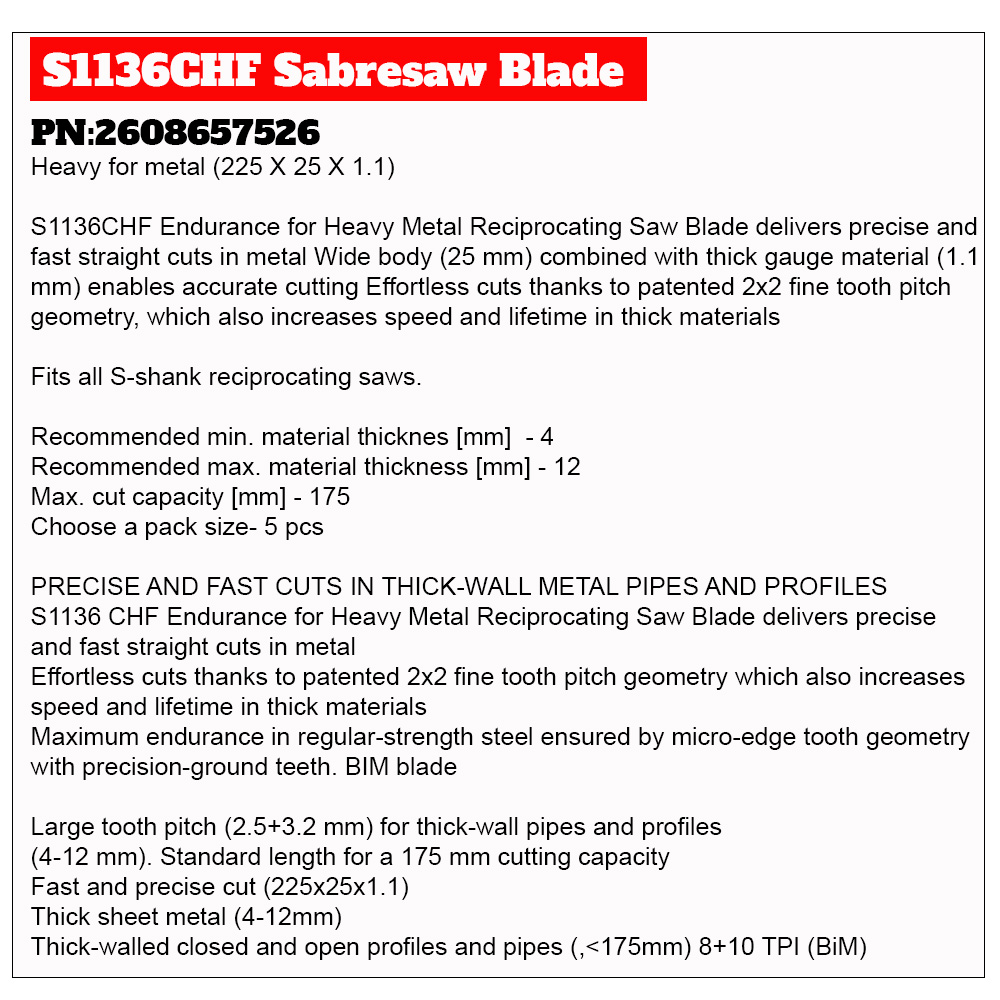 Set De 5 Lames De Scies Sabres PRO Thick Metal Precise S1137HBF 225 X 25 X 1 1 Mm 2608658998 Skum232063